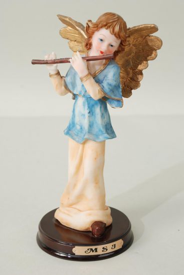 Figurine White Angel Playing Flute / PC Size - 4"x 7.5" Wide , Wooden Base , Gift Box & UPC Code
