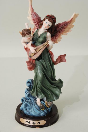 Figurine White Angel Green Dress W Wooden Base / PC Green Dress , Size - 9.5" x 4.5" x 4.5" Wide , Come W Gift Box & UPC Code