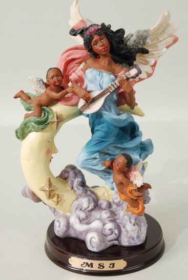 Figurine Angel Black With Moon w Wooden Base Blue Dress / PC  Blue Dress , Size - 9.75" x 7.5" x 5.5" Wide , Color Gift Box & UPC Code 