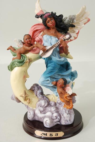Figurine Angel Black With Moon w Wooden Base Blue Dress / PC  Blue Dress , Size - 9.75" x 7.5" x 5.5" Wide , Color Gift Box & UPC Code 