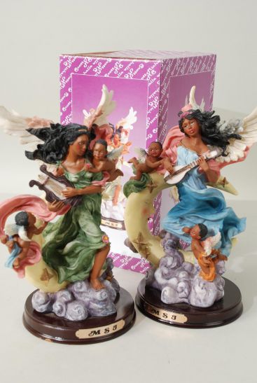 Figurine Angel Black With Moon w Wooden Base / 6 pcs = Case Angel , Size - 9.75" x 7.5" x 5.5" Wide , 3 Green , 3 Blue Dress Angel Asst , w Color Gift Box & UPC Code