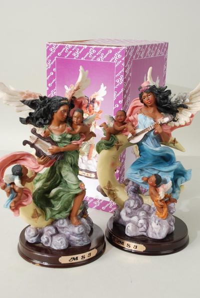 Figurine Angel Black With Moon w Wooden Base / 6 pcs = Case Angel , Size - 9.75" x 7.5" x 5.5" Wide , 3 Green , 3 Blue Dress Angel Asst , w Color Gift Box & UPC Code