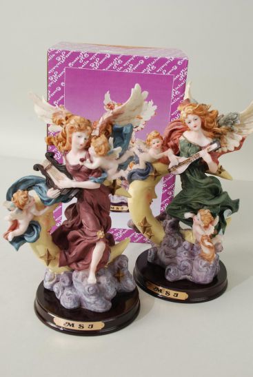 Figurine Angel White with the Moon w Wooden Base 6pcs / Case Case White Angel Mix , Size - 7.5" x 5.5" x 9.75" Wide , 3 Green , 3 Burgundy Dress Asst , w Color Gift Box & UPC Code