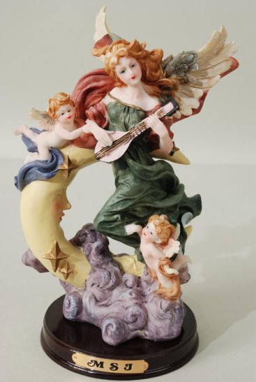 Figurine White Angel On the Moon Green Dress / PC White Angel Green Dress , Size - 9.75" x 7.5" x 5.5" Wide , Color Gift Box , W UPC Code