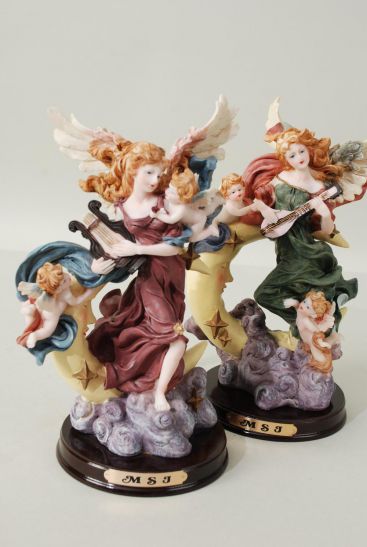 Figurine Large Angel White on the Moon w Wooden Base / PC Angel , Size - 9.75" x 7.5" x 5.5" Wide , w Color Gift Box & UPC Code , Choose Colors