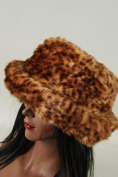 Hat Womens Leopard Plush Faux Fur Roll Up Bucket Hat / PC W OPP Bag , Choose Patterns