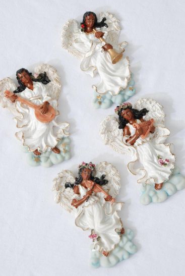 Figurine Angel Magnet Black Angel White Dress Instrument / 12 pcs Angel = Dozen Angel Magnet , Size - 2.75" x 4" x 0.75" Wide , 3 Of Each Pattern Asst , Disply Box