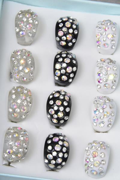Rings Acrylic Dome Rhinestones / 12 pcs = Dozen Size - 7  8  9 Pr Size Mix , Choose Colors , Ring Display Box & OPP Bag & UPC Code