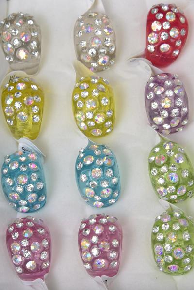 Rings Acrylic Dome Rhinestones / 12 pcs = Dozen Size - 7  8  9 Pr Size Mix , Choose Colors , Ring Display Box & OPP Bag & UPC Code