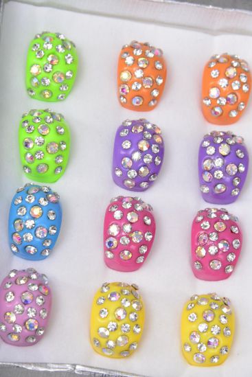 Rings Acrylic Dome Rhinestones Citrus / 12 pcs = Dozen  Citrus , Size - 7  8  9 Pre Mix , 2 Fuchsia , 2 Purple , 2 Yellow , 2 Orange , 2 Lime ,1 Blue ,1 Pink Color Asst 