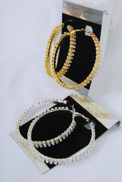 Earrings Hoop Rhinestone / PC Post , Size - 2" Wide , Earring Card & OPP bag & UPC Code , Choose Gold Or Silver Finish 