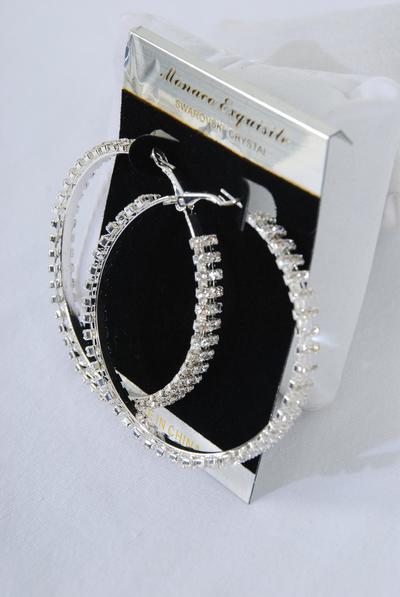 Earrings Hoop Rhinestone / PC Post , Size - 2" Wide , Earring Card & OPP bag & UPC Code , Choose Gold Or Silver Finish 