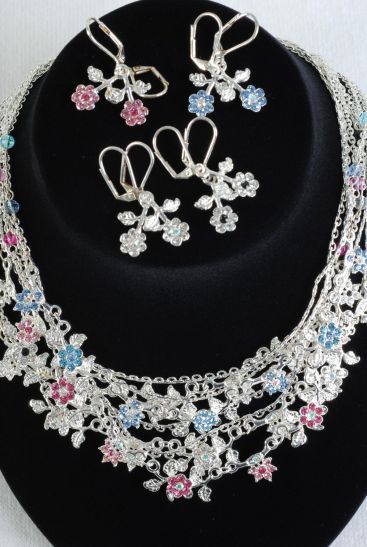 Necklace Sets Rhinestone Flowers Post Black Clear / Sets Post , 18" Long , Display Card & OPP Bag & UPC Code