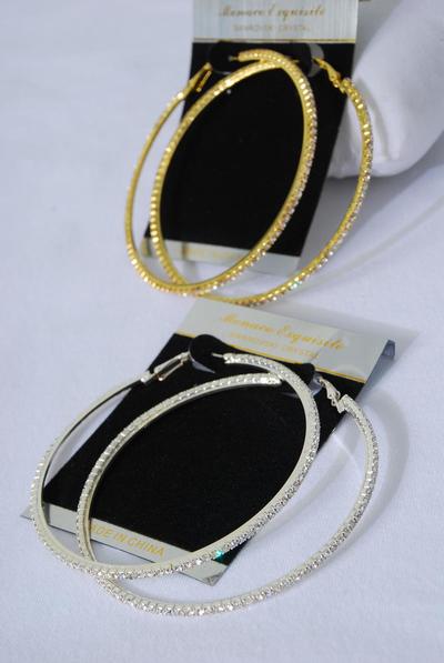 Earrings Hoop Rhinestones Post / PC  Post , Size - 2.25" Wide , Earring Card & OPP Bag & UPC Code , Choose Gold or Silver Finish