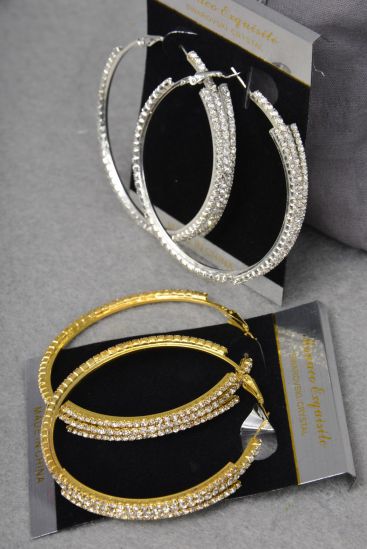 Earrings Hoop Rhinestone / PC Post , Size - 2.25" Wide , Earring Card & OPP bag & UPC Code , Choose Gold or Silver Finishes 