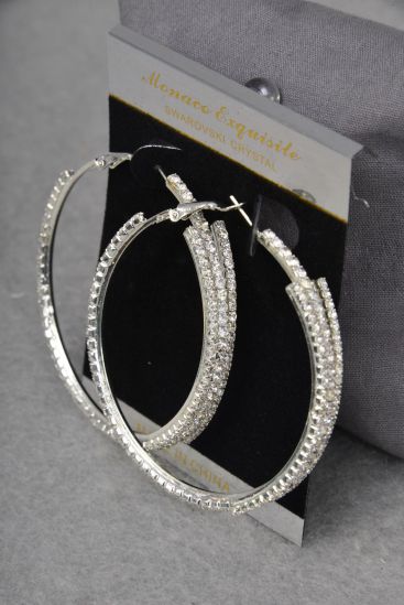 Earrings Hoop Silver Rhinestone / PC Silver , Post , Size - 2.25" Wide , Earring Card & OPP Bag & UPC Code 