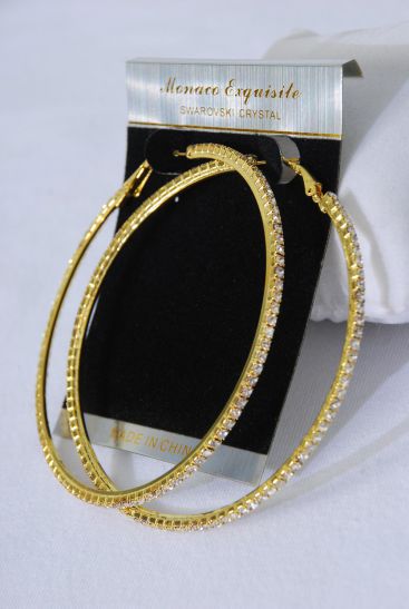Earrings Hoop Rhinestone Gold Post / PC  Gold , Post , Size - 2.25" Wide , Earring Card & OPP Bag & UPC Code 