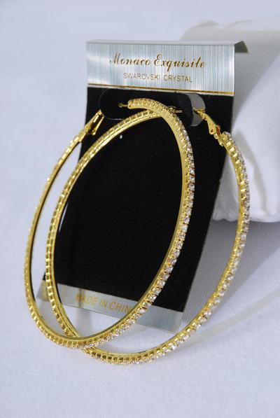 Earrings Hoop Rhinestones Post / PC  Post , Size - 2.25" Wide , Earring Card & OPP Bag & UPC Code  , Choose Gold or Silver Finish  