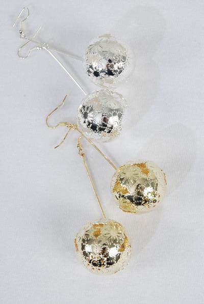 Earrings Filigree Balls Gold & Silver Mix / 12 pair = Dozen Size-3" Long , 18 mm Balls , Earring Card & OPP Bag & UPC Code