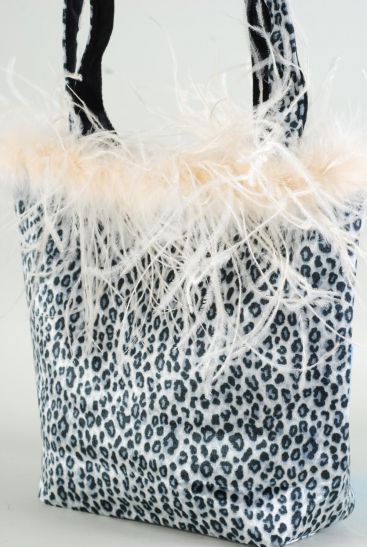Purse Feathers Leopard Pattern Purse w Black Velvet Reversible inside / PC Reversible , Size - 18" x 12" Wide w Handle , Gray Leopard & Black Reversible , OPP Bag & UPC Code 