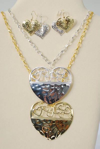 Necklace Sets Chain w Heart Pendant Gold / 12 pcs = Dozen Pendant Size - 2.75" x 2.25" Wide , Chain - 30" Long , Hang tag & OPP Bag & UPC Code 