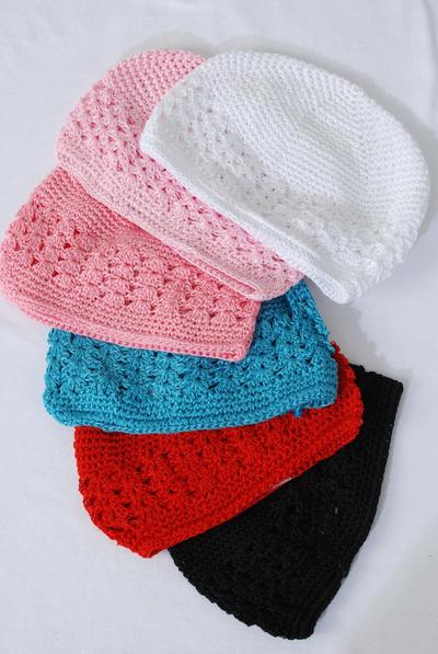 Kufi hat Hand Crocheted 100% Cotton Beanie Skull Cap Hat Stretch / 12 pcs = Dozen Stretch , One Size , Choose Colors , OPP Bag