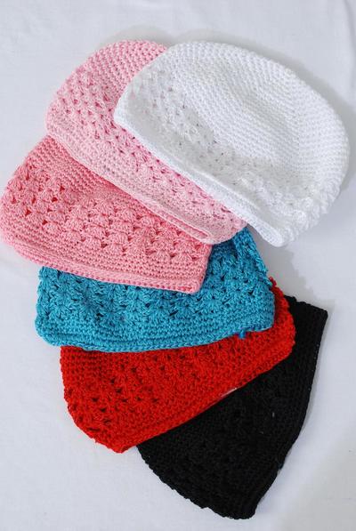 Kufi hat Hand-Crocheted 100% Cotton Beanie Skull Cap Hat Stretch / 12 pcs = Dozen  Stretch , One Size , Choose Colors , OPP Bag