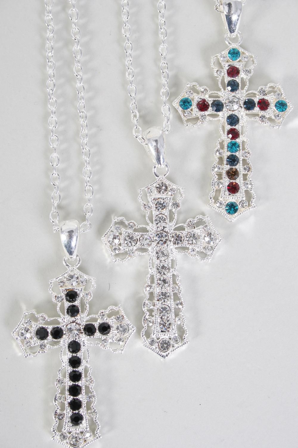 Necklace Cross Rhinestones / 12 pcs = Dozen Cross Size - 1.75