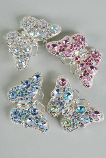 Brooch Butterfly Rhinestones / 12 pcs = Dozen Size - 2" x 1.5" Wide , Display Card & OPP Bag , Choose Colors