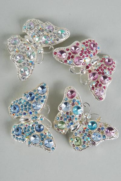 Brooch Butterfly Rhinestones / 12 pcs = Dozen Size - 2" x 1.5" Wide , Display Card & OPP Bag , Choose Colors