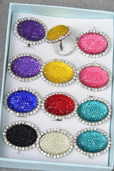 Rings Poly Oval Rhinestone All Around Multi / 12 pcs = Dozen Adjustable , Face Size - 1.25" x 1" Wide , 2 Purple , 2 Yellow , 2 Red , 2 Blue , 1 Pink , 1 Black , 1 Navy , 1 Clear Color Asst