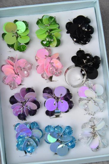 Rings Sequin Charms Glass Crystal Mix / 12 pcs = Dozen  Adjustable , Width 1.25" Wide , 2 of each Color Asst , Velvet Ring Display Box & OPP Bag & UPC Code