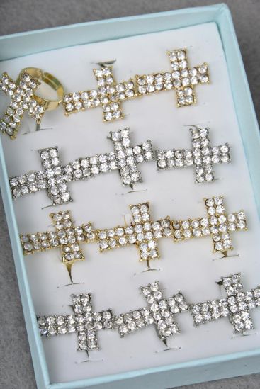 Rings Metal Cross Clear Rhinestones / 12 pcs = Dozen Adjustable , Cross Size - 1" x 1.5" Wide , 6 Gold , 6 Silver Mix , 1Dz Velvet Display Window Box & OPP Bag & UPC Code