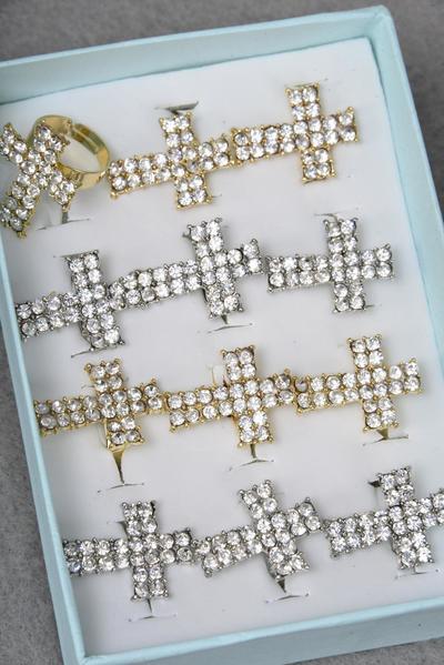 Rings Metal Cross Clear Rhinestones / 12 pcs = Dozen Adjustable , Cross Size - 1" x 1.5" Wide , 6 Gold , 6 Silver Mix , 1Dz Velvet Display Window Box & OPP Bag & UPC Code