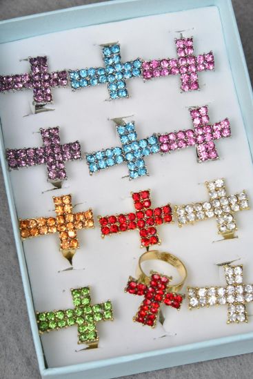 Rings Metal Cross Color Rhinestones/DZ Adjustable , Cross Size - 1" x 1.5" Wide , 2 Red , 2 Clear , 2 Blue , 2 Purple , 2 Fuchsia , 1 Yellow ,1 Lime Color Asst .