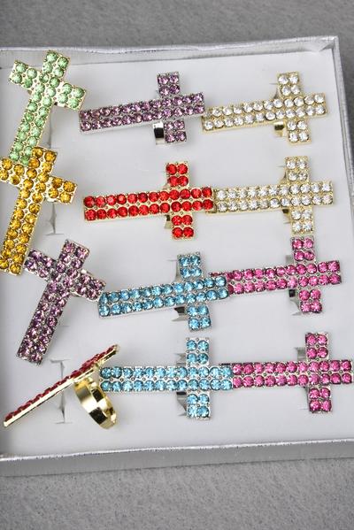 Rings Cross Metal Gold Color Rhinestones Multi / 12 pcs = Dozen Adjustable , Cross Size - 1.75" x 1" Wide , 2 Red , 2 Fuchsia , 2 Blue , 2 Lavender , 2 Clear , 1 Gold , 1 Lime Asst