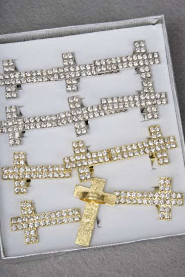 Rings Cross Metal Gold Color Rhinestones / 12 pcs = Dozen Adjustable , Cross Size - 1.75" x 1" Wide , 6 Gold , 6 Silver Mix , 1Dz Velvet Display Window Box & OPP bag & UPC code