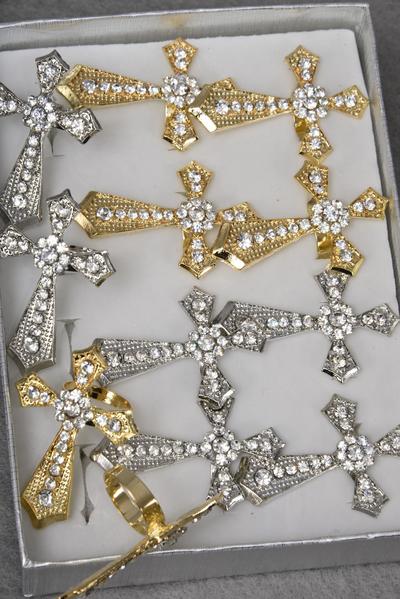 Rings Metal Cross Clear Rhinestones / 12 pcs = Dozen Adjustable , Cross Size - 2" x 1.75" Wide , 6 Gold , 6 Silver Mix , 1 Dozen Velvet Display Window Box & OPP Bag & UPC Code