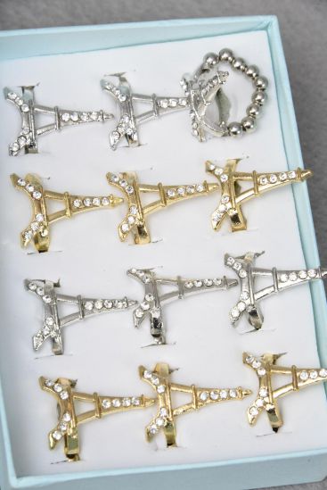 Rings Metal Eiffel Tower Clear Rhinestones W CCB Band / 12 pcs = Dozen  Eiffel Tower , Stretch , Face Size - 1.25" x 0.75" Wide , 6 Gold , 6 Silver Mix ,1 Dz Velvet Display Window Box & OPP Bag & UPC Code
