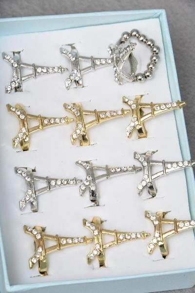 Rings Metal Eiffel Tower Clear Rhinestones W CCB Band / 12 pcs = Dozen  Eiffel Tower , Stretch , Face Size - 1.25" x 0.75" Wide , 6 Gold , 6 Silver Mix ,1 Dz Velvet Display Window Box & OPP Bag & UPC Code