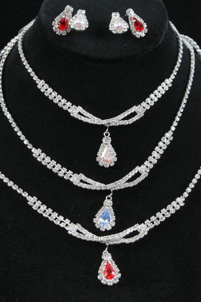 Necklace Sets Rhinestone Teardrop Post / Sets Post , 18" w Extension Chain , Black Velvet Display Card & OPP Bag & UPC Code , Choose Colors