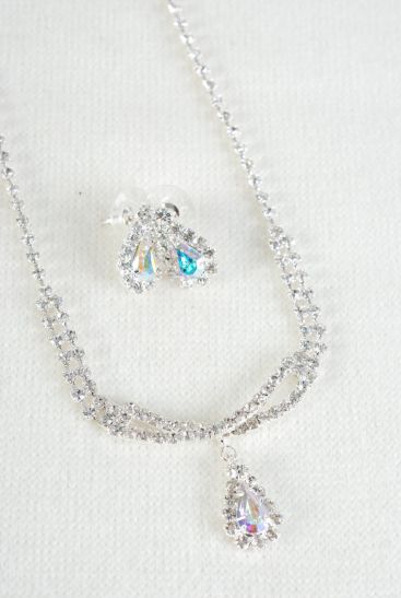 Necklace Sets Iridescent Clear AB Rhinestone Teardrop / Sets Iridescent Clear AB Post , 18" w Extension Chain , Black Velvet Display Card & OPP Bag & UPC Code