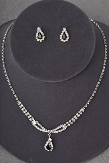 Necklace Sets Rhinestone Teardrop Black /Sets Black , Post , 18" w Extension Chain , Black Velvet Display Card & OPP Bag & UPC Code