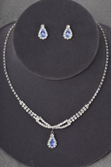 Necklace Sets Blue Rhinestone Teardrop / Sets Blue , Post, 18" w Extension Chain , Black Velvet Display Card & OPP Bag & UPC Code