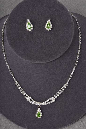 Necklace Sets Lime Rhinestone Teardrop / Sets Lime , Post , 18" w Extension Chain , Black Velvet Display Card & OPP Bag & UPC Code