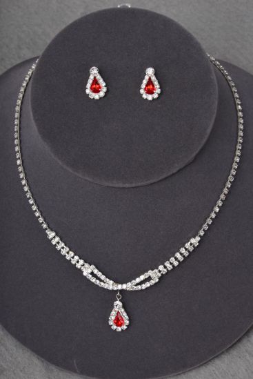 Necklace Sets Red Rhinestone Teardrop / Sets Red , Post , 18" w Extension Chain , Black Velvet Display Card & OPP Bag & UPC Code