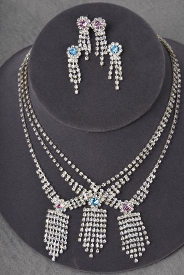Necklace Sets Rhinestone Drops Post / 12 Sets = Dozen Post , Size -18" w Extension Chain , Black Velvet Display Card & OPP Bag & UPC Code , Choose Colors