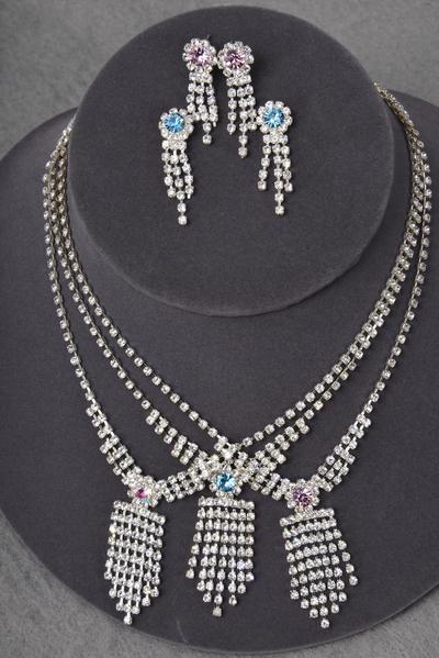 Necklace Sets Rhinestone Drops Post / 12 Sets = Dozen Post , Size -18" w Extension Chain , Black Velvet Display Card & OPP Bag & UPC Code , Choose Colors