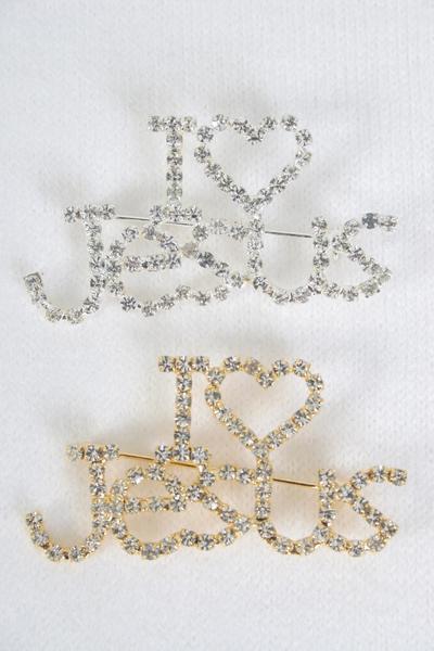 Brooch I Love Jesus Rhinestones /PC Size-2"x 1" Wide, Velvet Display Card & OPP Bag,  Choose Gold or Silver Finishes