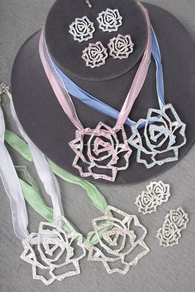 Necklace Sets Large Rose Pendant w Rhinestones Asst / 12 Sets = Dozen Post , Rose - 2.5" Wide , Earring - 1" Wide , 4 Pink , 4 Lime , 4 White Color Asst , Display Card & OPP Bag & UPC Code